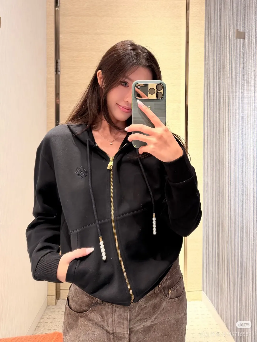Louis Vuitton/Louis Vuitton Pearl Drawstring Letter Embroidered Zip Hooded Jacket